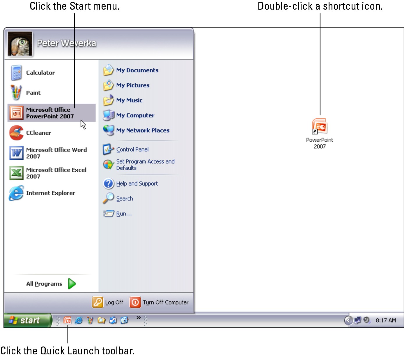 Figure 2-1: Three of several ways to start PowerPoint.